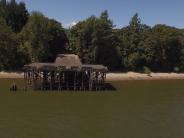 Dock on the river with beach and trees in background