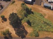 Field with a few buildings and cars along the edges 