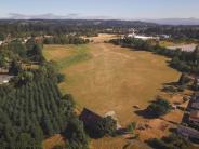 Large field with houses and trees in the background