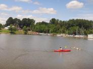 Kayaker on river with ducks swimming nearby, marina with boats in background, trees, sky