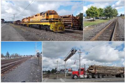 Train, rail tracks, and log truck