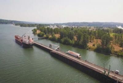 Aerial of large ship at dock, river, trees, sky