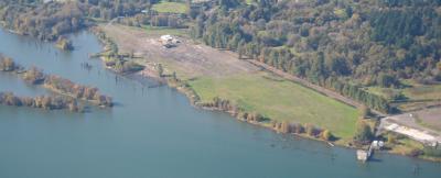Aerial of river and shoreline with trees