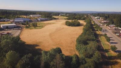 Field and trees with a highway and cars running along the right side