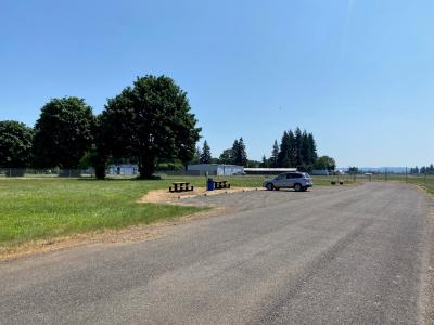 Car parked next to grassy area with picnic tables and trees